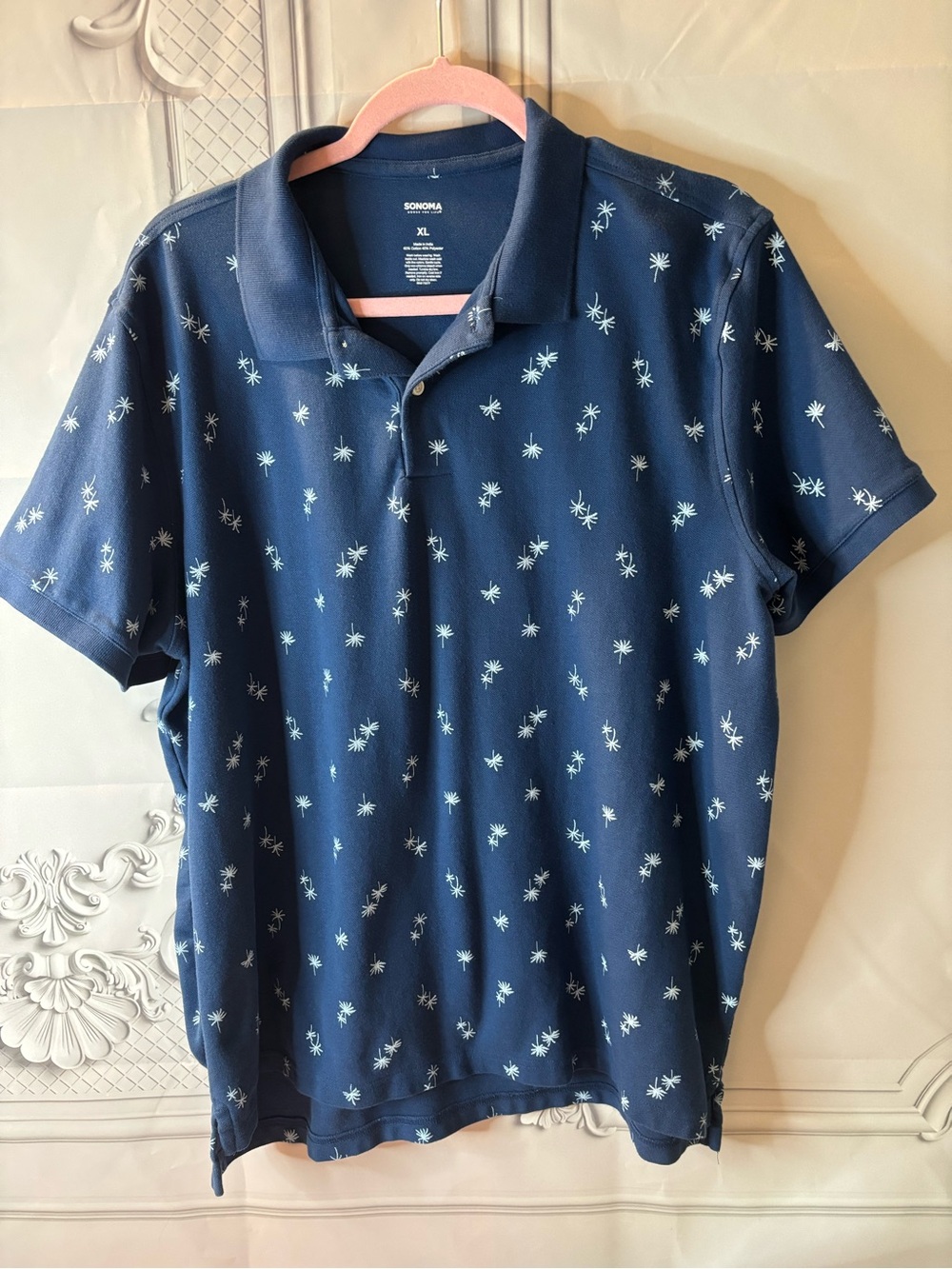 Sonoma Good For Life Men's Navy Polo with White Tree Palm Print, Size XL